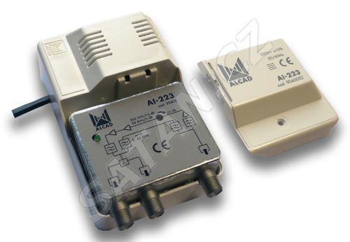 ALCAD AI-233_ zesilovač,1 vstup TV, 2 výstupy, zpětný kanál 0-65 MHz