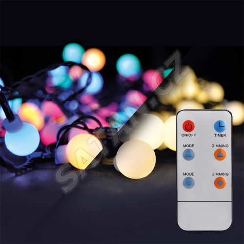 Solight LED 2v1 venkovní vánoční řetěz, koule, dálkový ovladač, 100LED, RGB+bílá, 10m+5m, 8 funkcí, IP44